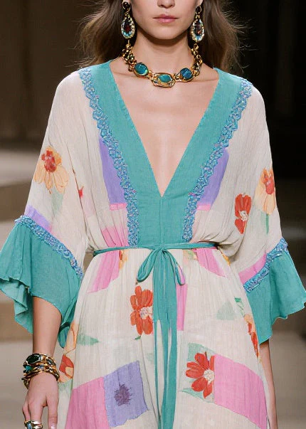 Vintage Blue Print Patchwork Ruffles Cotton Dresses Summer - Image 2