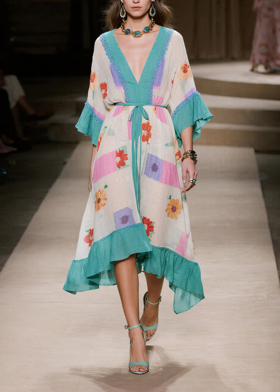 Vintage Blue Print Patchwork Ruffles Cotton Dresses Summer - Image 3