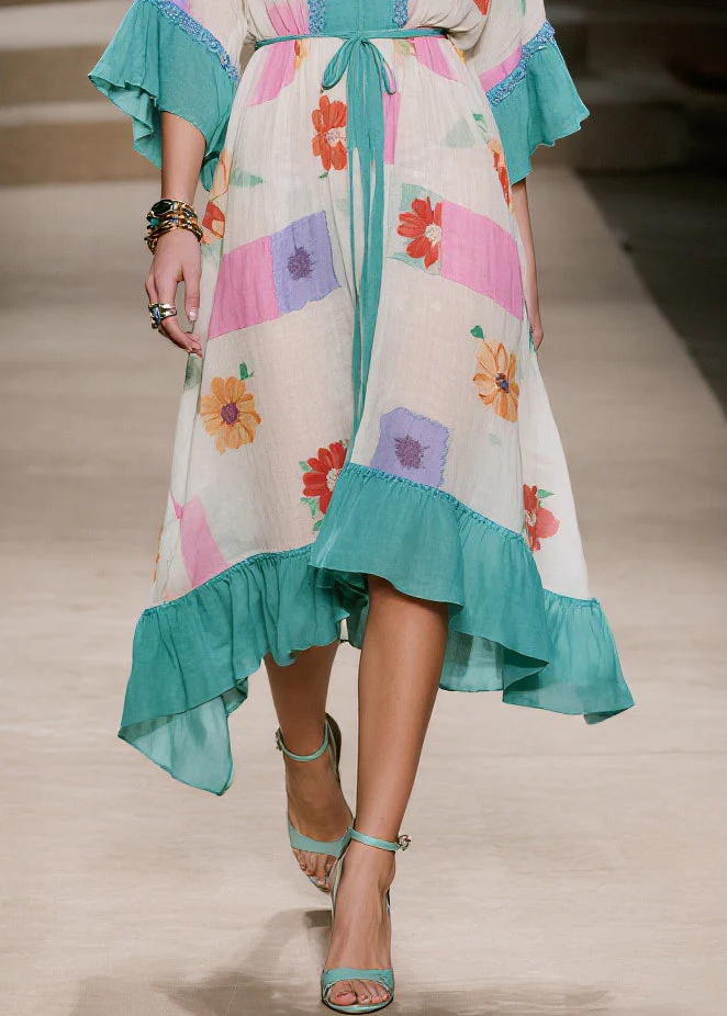 Vintage Blue Print Patchwork Ruffles Cotton Dresses Summer - Image 4