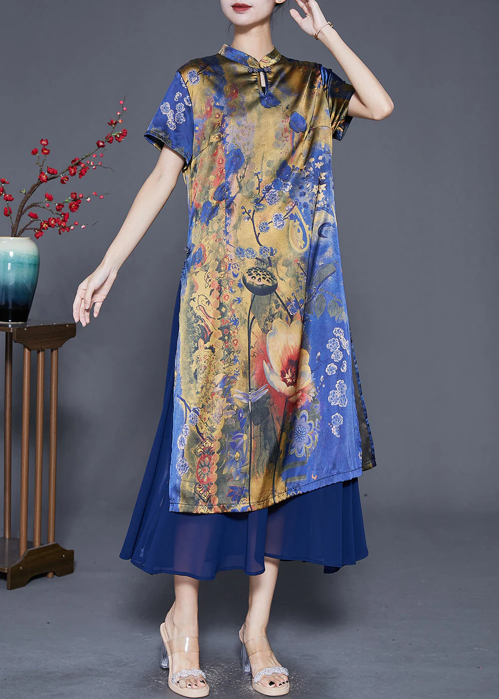 Vintage Blue Print Patchwork Silk Maxi Dresses Summer - Image 2