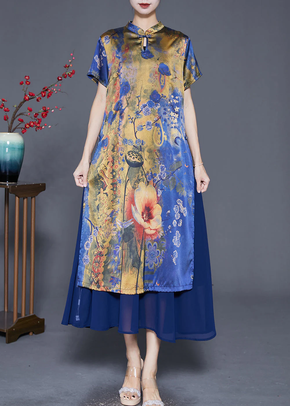 Vintage Blue Print Patchwork Silk Maxi Dresses Summer - Image 3