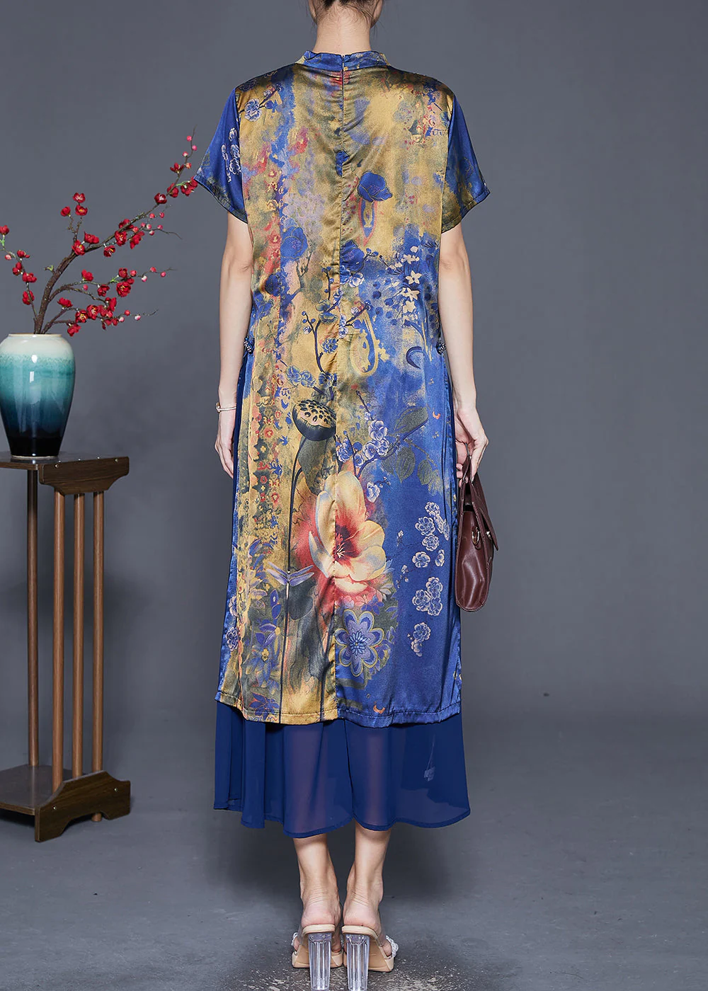 Vintage Blue Print Patchwork Silk Maxi Dresses Summer - Image 4