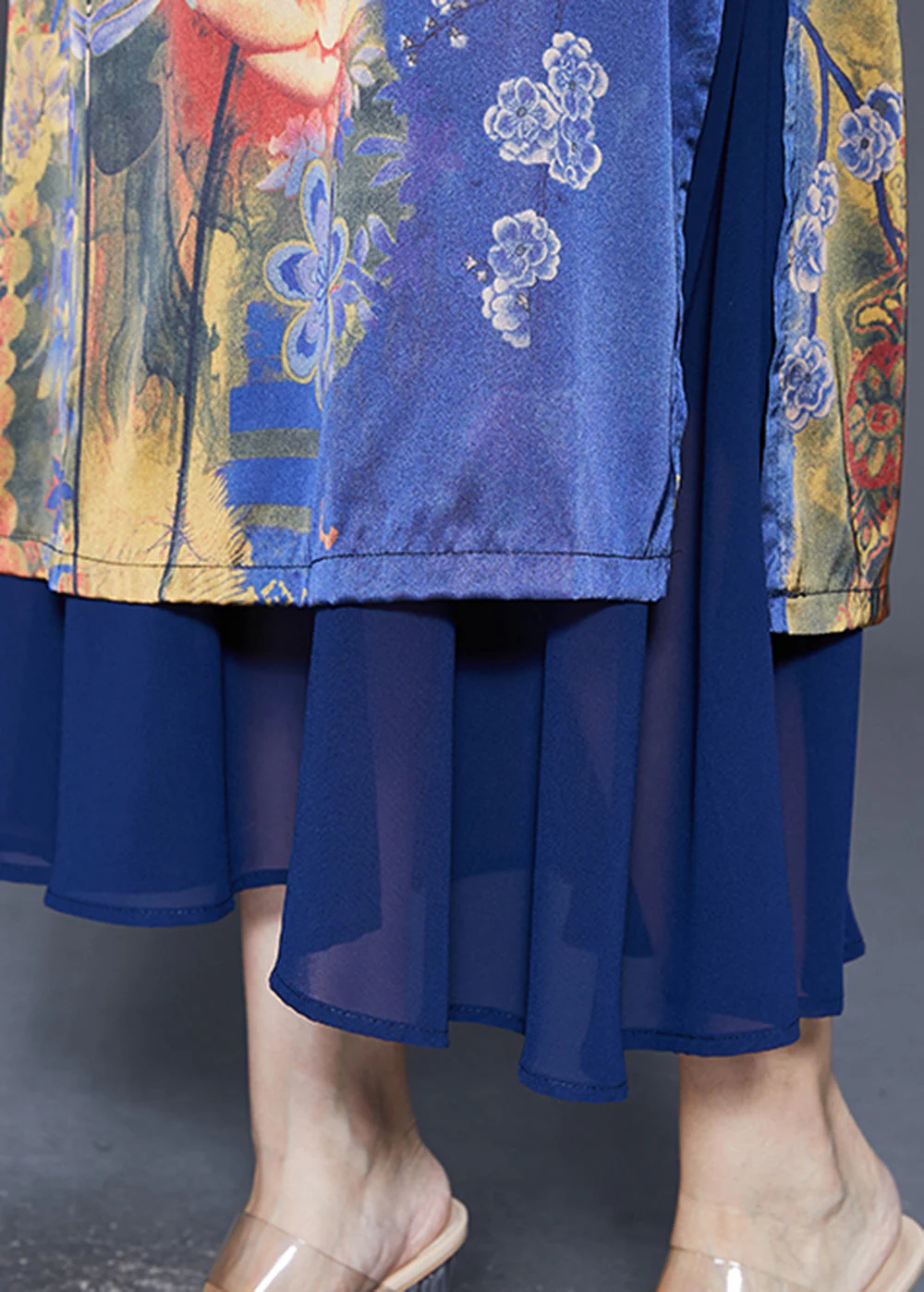 Vintage Blue Print Patchwork Silk Maxi Dresses Summer - Image 5