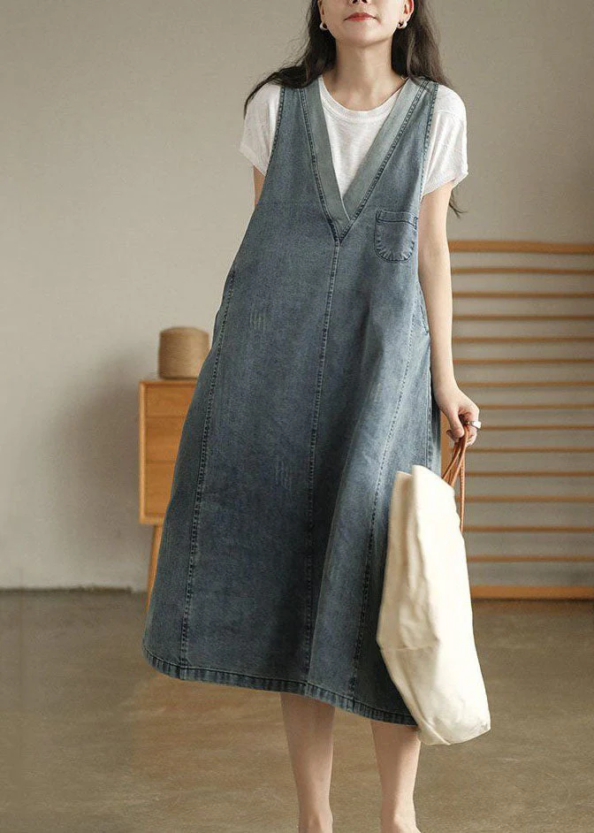 Vintage Blue V Neck Patchwork Denim Tank Dress Sleeveless - Image 2