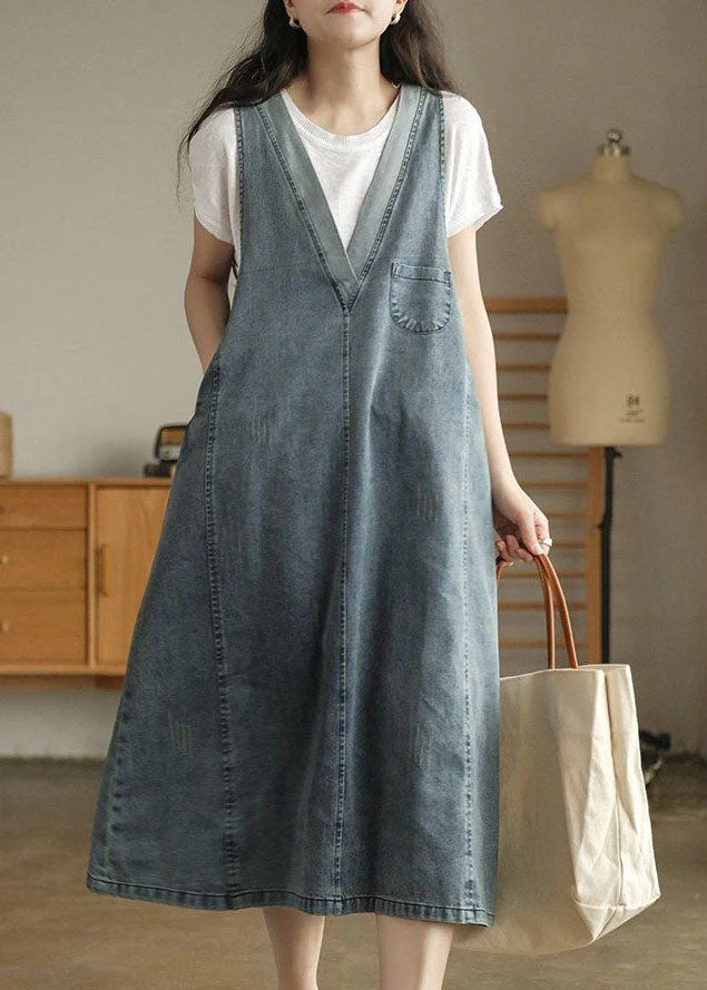 Vintage Blue V Neck Patchwork Denim Tank Dress Sleeveless - Image 3