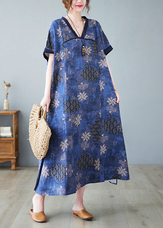 Vintage Blue V Neck Patchwork Long Dresses Summer - Image 2