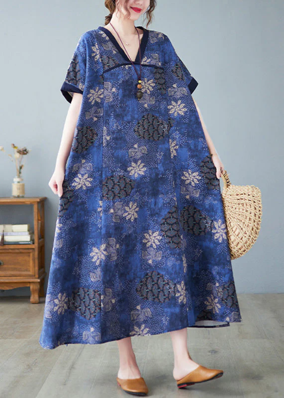 Vintage Blue V Neck Patchwork Long Dresses Summer - Image 3