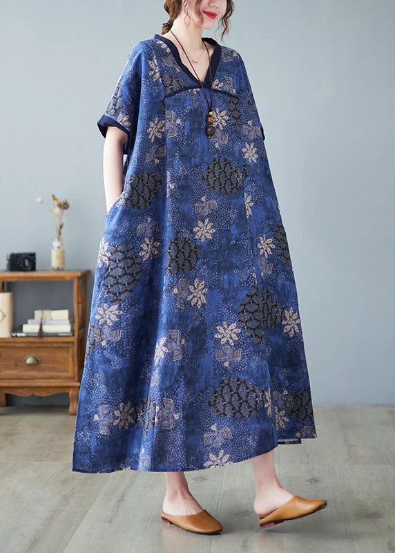 Vintage Blue V Neck Patchwork Long Dresses Summer - Image 4