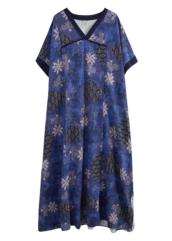 Vintage Blue V Neck Patchwork Long Dresses Summer - Image 5
