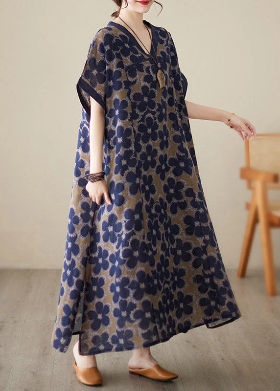 Vintage Blue V Neck Print Robe Dresses Short Sleeve - Image 2