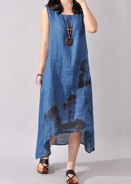 Vintage Blue Women Folk Style Ink Painting Floral Sleeveless Dress Summer