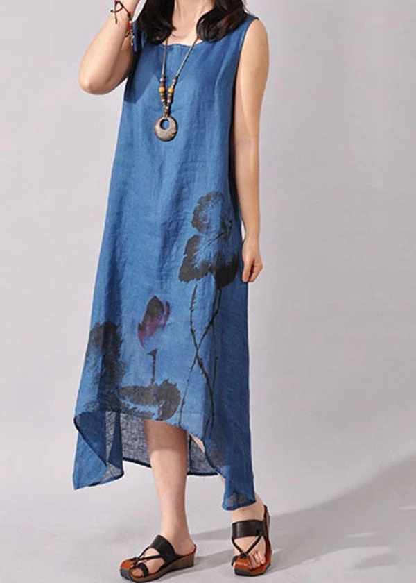 Vintage Blue Women Folk Style Ink Painting Floral Sleeveless Dress Summer - Image 2