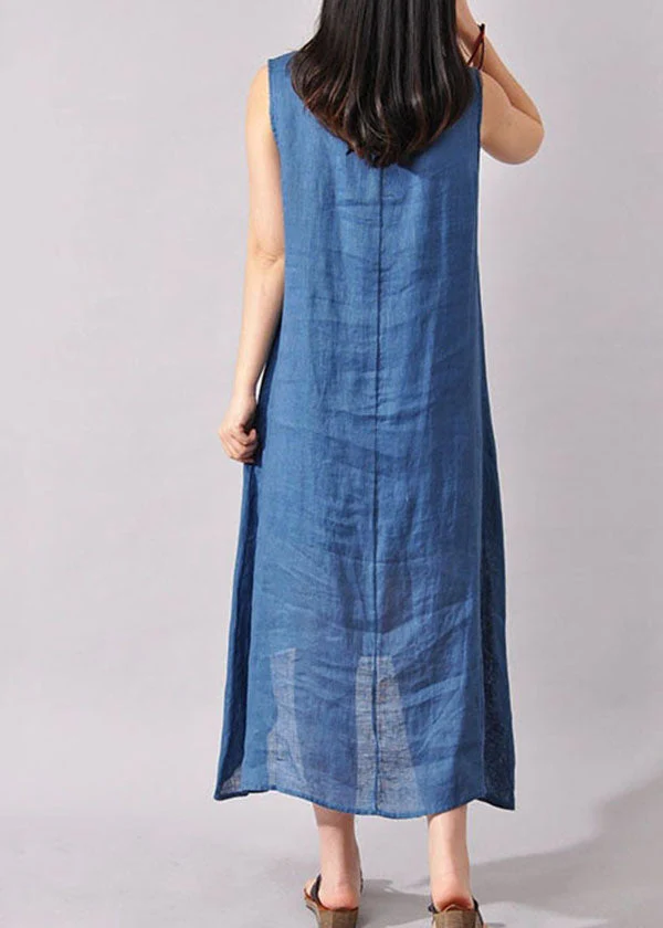 Vintage Blue Women Folk Style Ink Painting Floral Sleeveless Dress Summer - Image 3