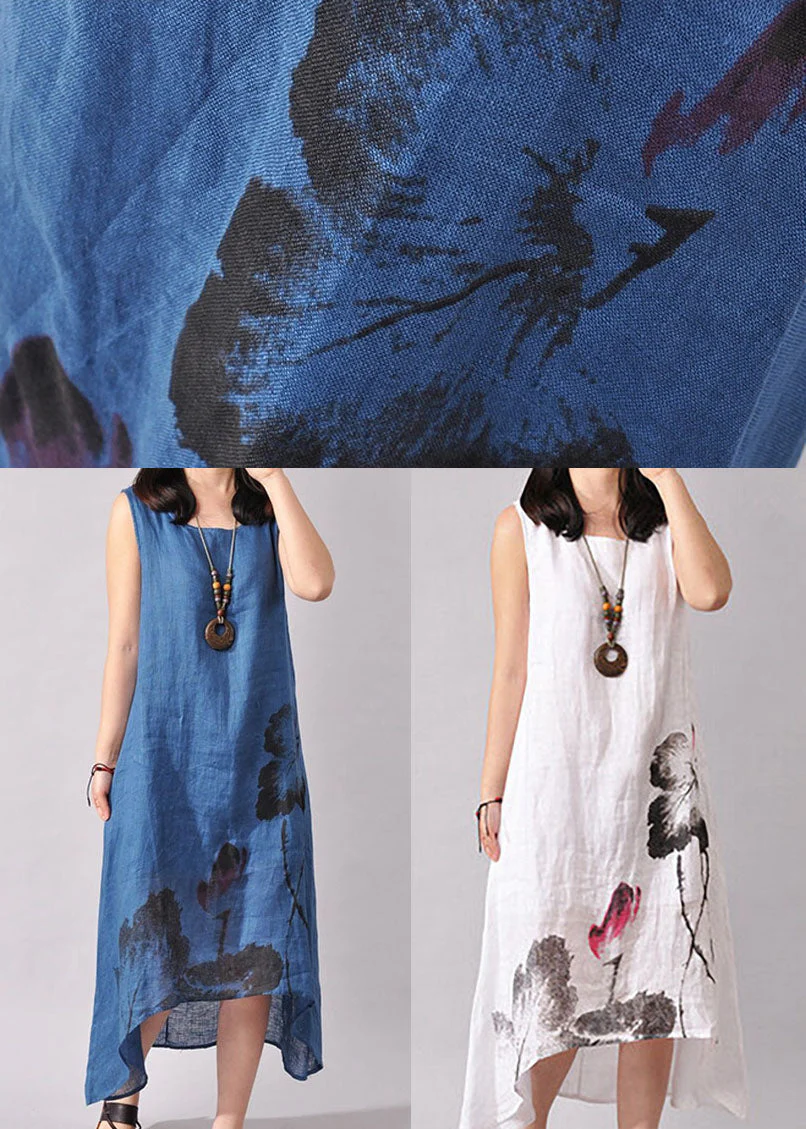 Vintage Blue Women Folk Style Ink Painting Floral Sleeveless Dress Summer - Image 5