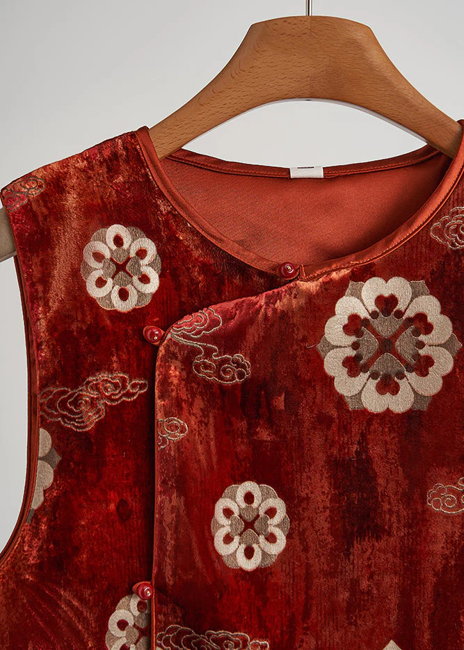 Vintage Brick Red Jacquard Silk Velvet Vests Sleeveless - Image 3