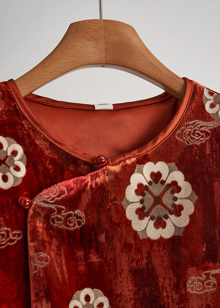 Vintage Brick Red Jacquard Silk Velvet Vests Sleeveless - Image 4
