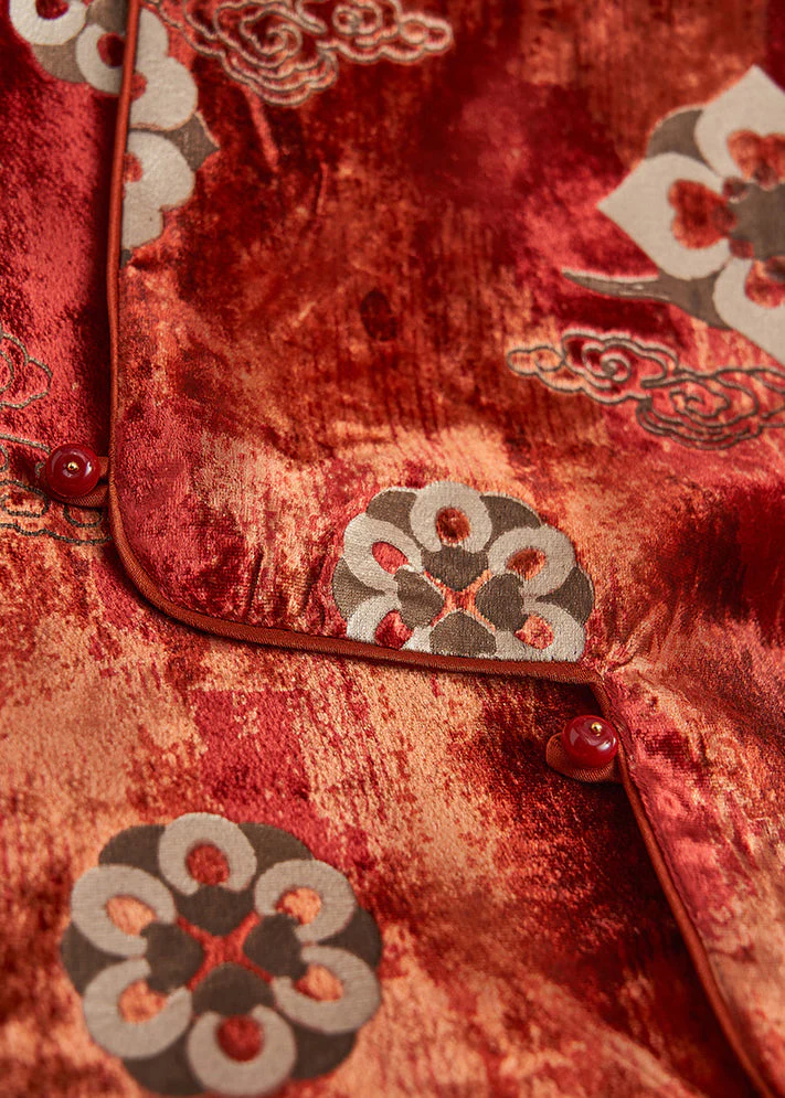 Vintage Brick Red Jacquard Silk Velvet Vests Sleeveless - Image 5
