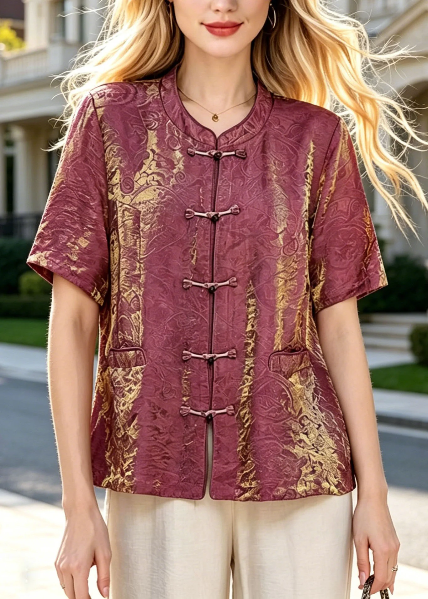 Vintage Brick Red O Neck Oriental Button Cotton Top Summer - Image 3
