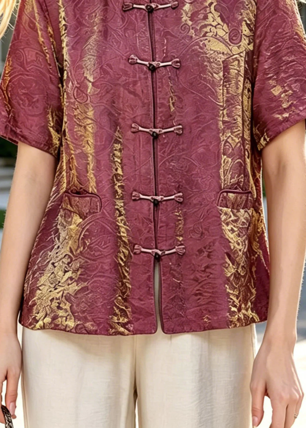 Vintage Brick Red O Neck Oriental Button Cotton Top Summer - Image 4