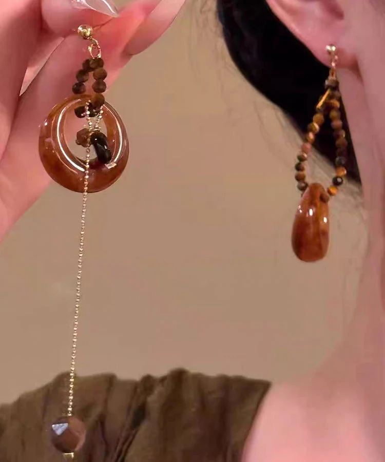 Vintage Brown Copper Overgild Asymmetrical Tiger's Eye Beading Tassel Drop Earrings