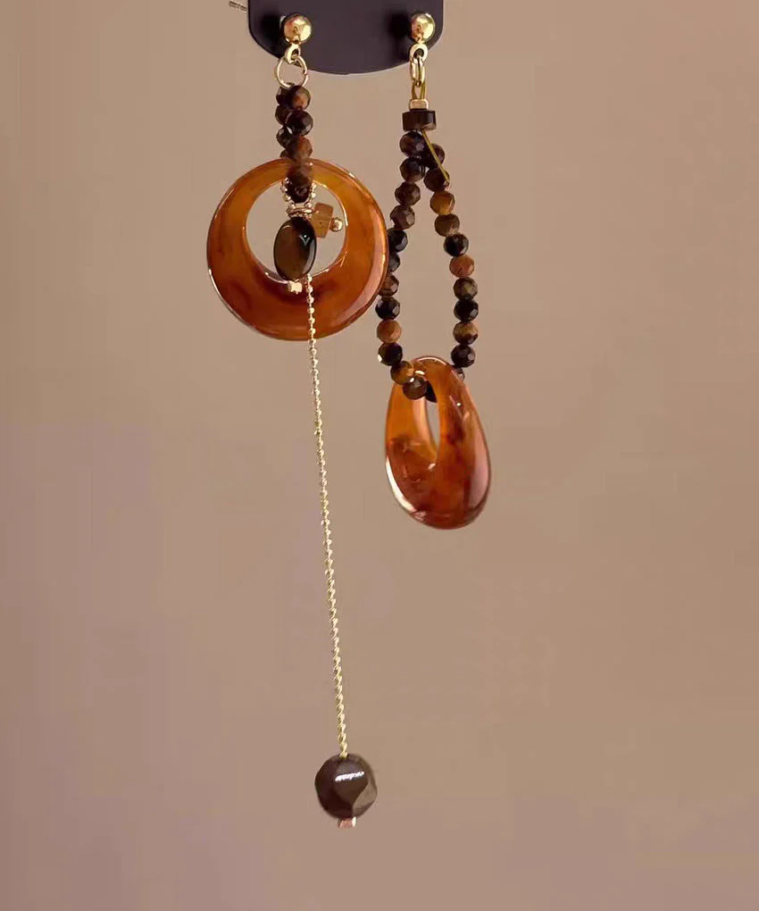 Vintage Brown Copper Overgild Asymmetrical Tiger's Eye Beading Tassel Drop Earrings - Image 2