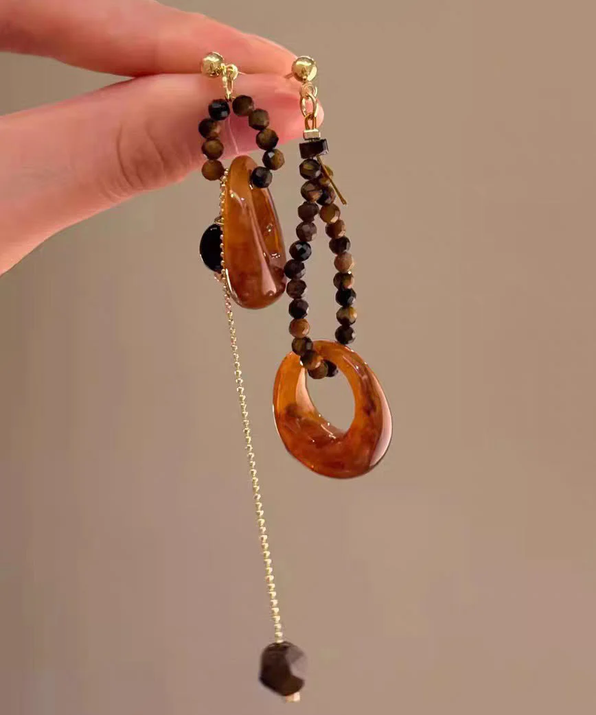Vintage Brown Copper Overgild Asymmetrical Tiger's Eye Beading Tassel Drop Earrings - Image 4