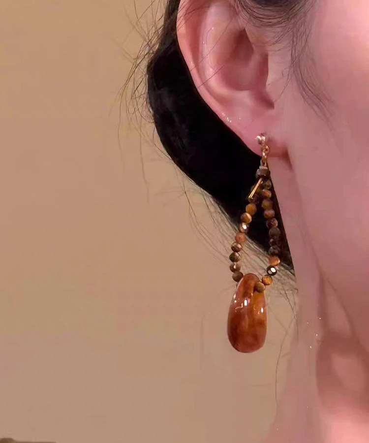 Vintage Brown Copper Overgild Asymmetrical Tiger's Eye Beading Tassel Drop Earrings - Image 5