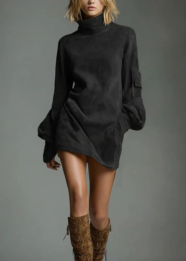 Vintage Brown High Neck Faux Suede Mid Dress Lantern Sleeve - Image 2