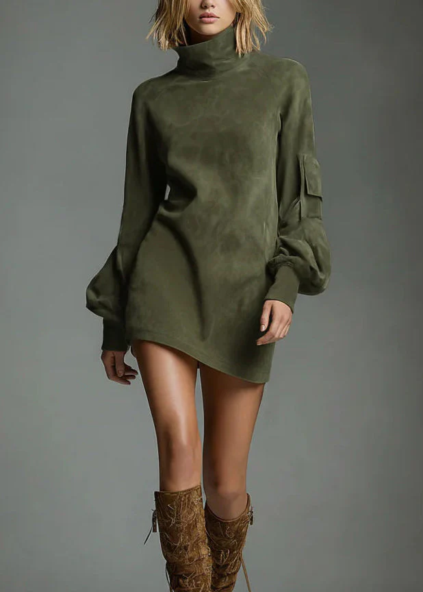 Vintage Brown High Neck Faux Suede Mid Dress Lantern Sleeve - Image 3