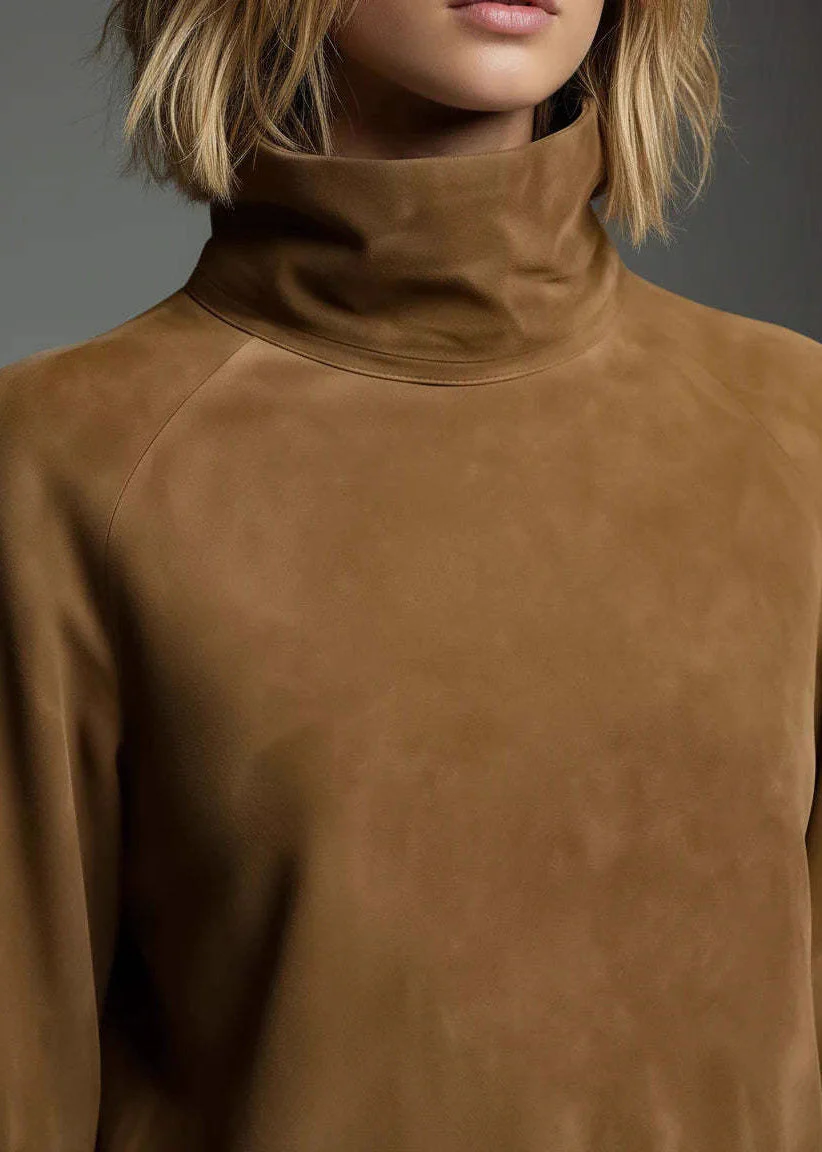 Vintage Brown High Neck Faux Suede Mid Dress Lantern Sleeve - Image 4