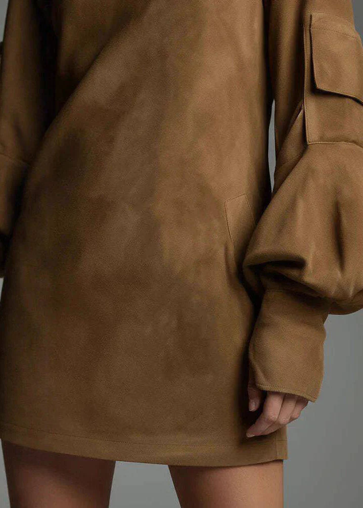 Vintage Brown High Neck Faux Suede Mid Dress Lantern Sleeve - Image 5