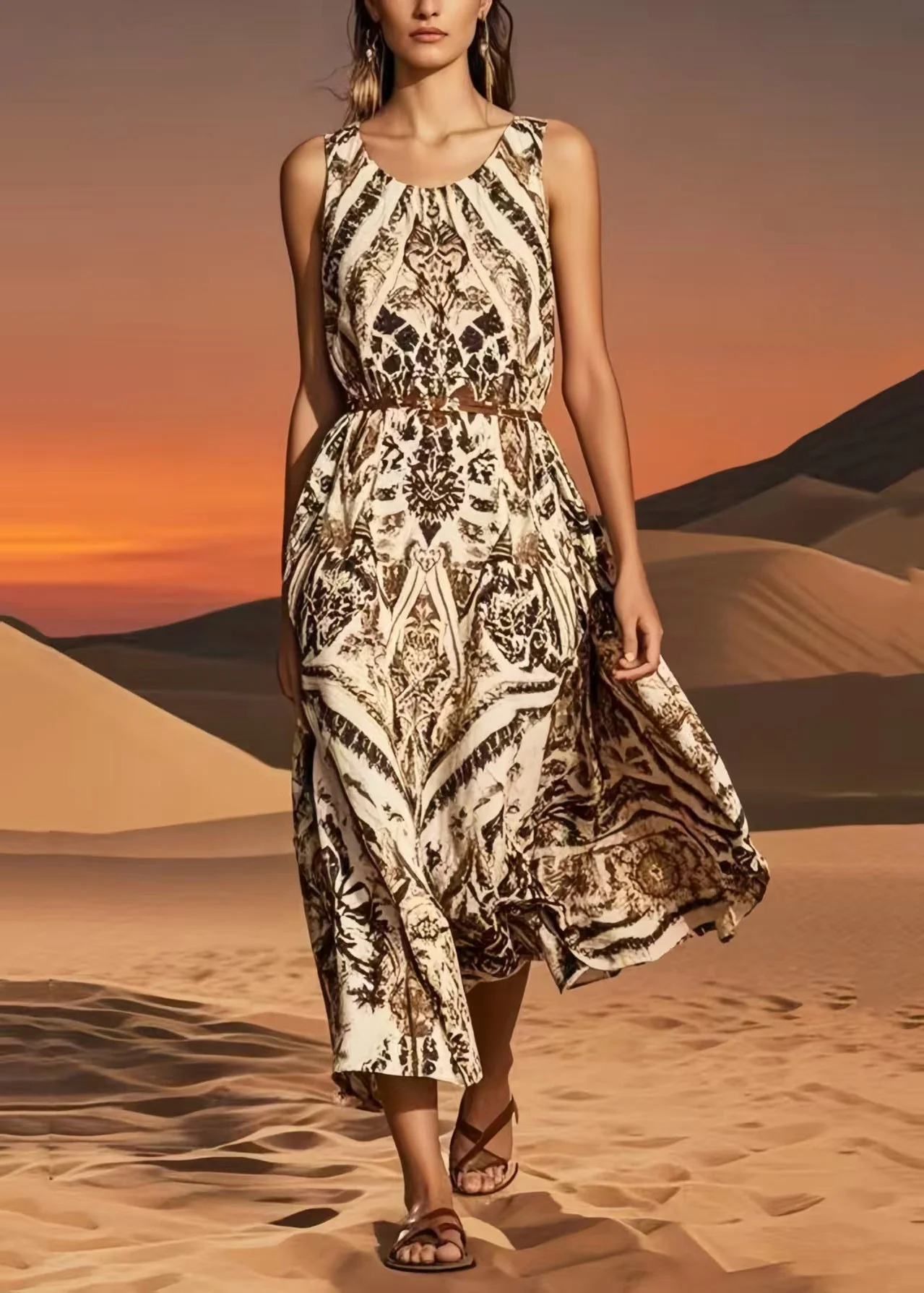 Vintage Brown O-Neck Print Cotton Sundress Summer - Image 3
