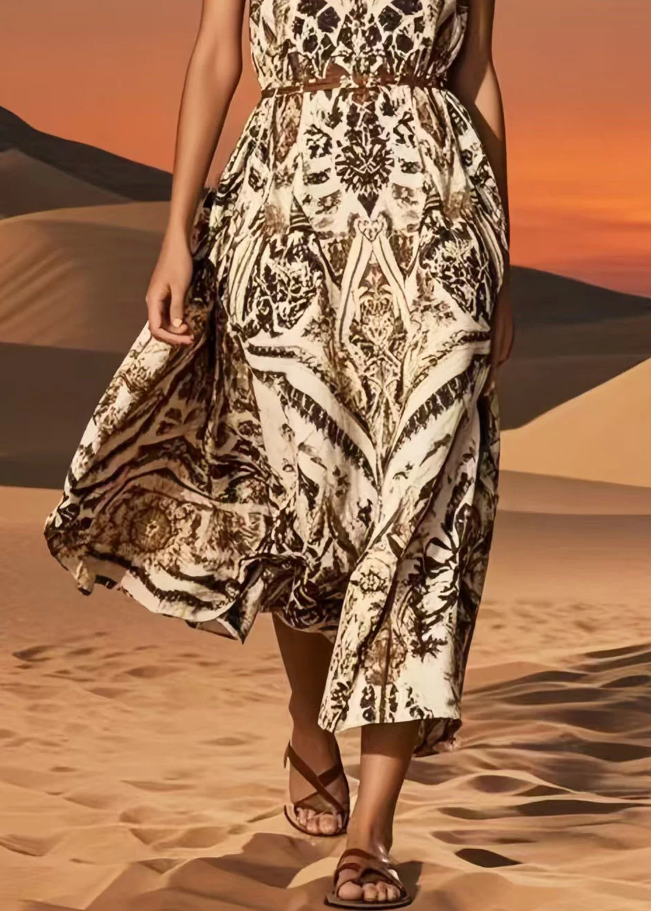 Vintage Brown O-Neck Print Cotton Sundress Summer - Image 4