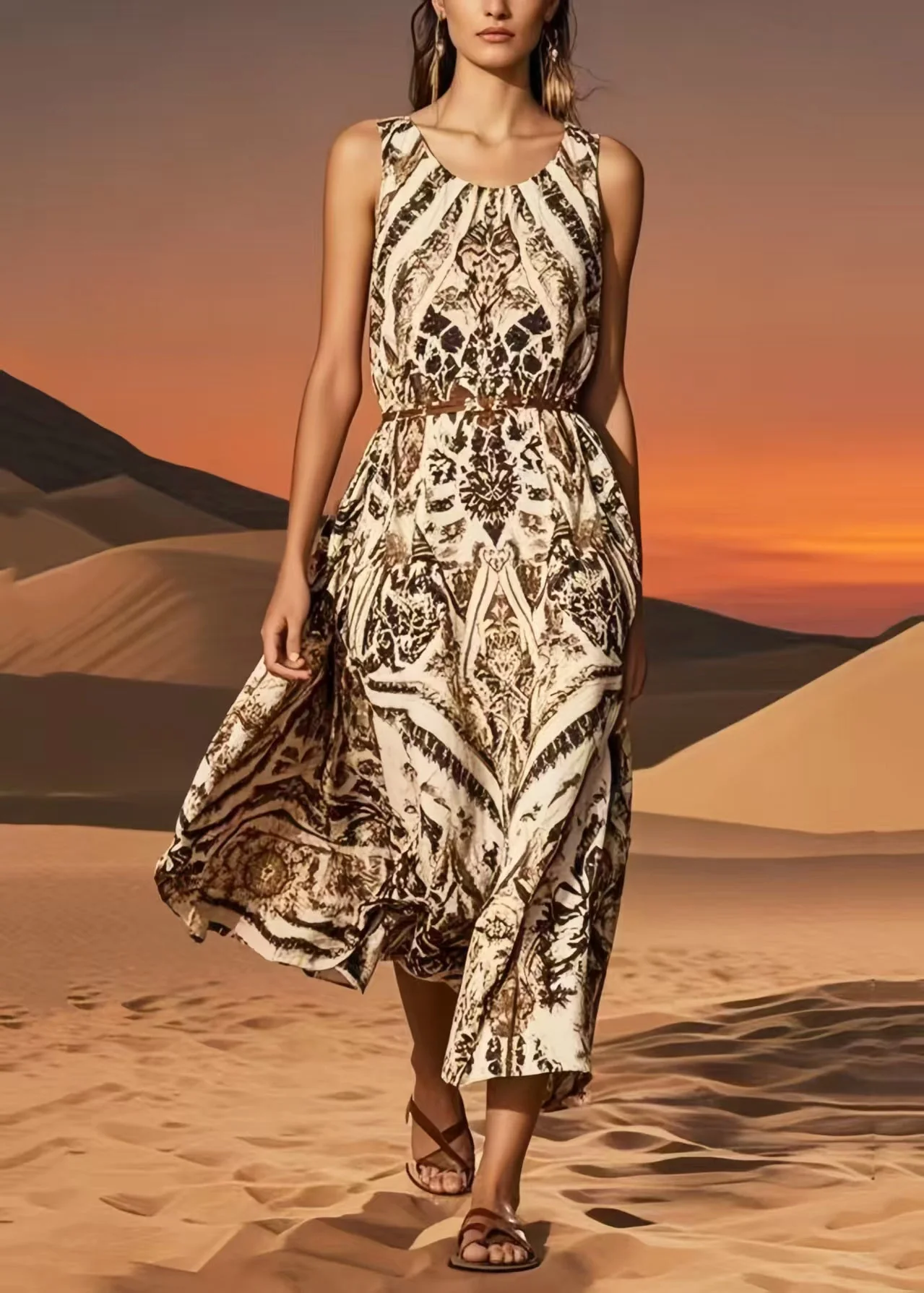 Vintage Brown O-Neck Print Cotton Sundress Summer - Image 5