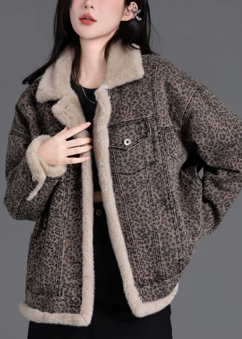 Vintage Brown Oversized Leopard Print Warm Fleece Jacket Winter