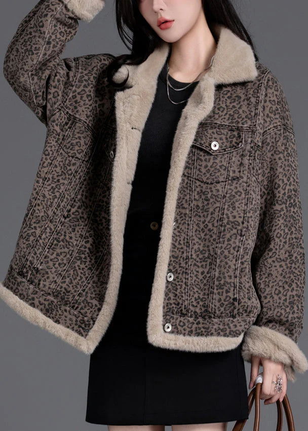 Vintage Brown Oversized Leopard Print Warm Fleece Jacket Winter - Image 2
