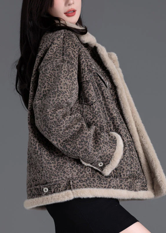 Vintage Brown Oversized Leopard Print Warm Fleece Jacket Winter - Image 4