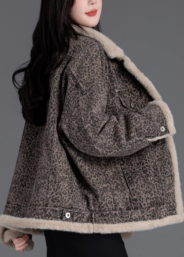Vintage Brown Oversized Leopard Print Warm Fleece Jacket Winter - Image 5