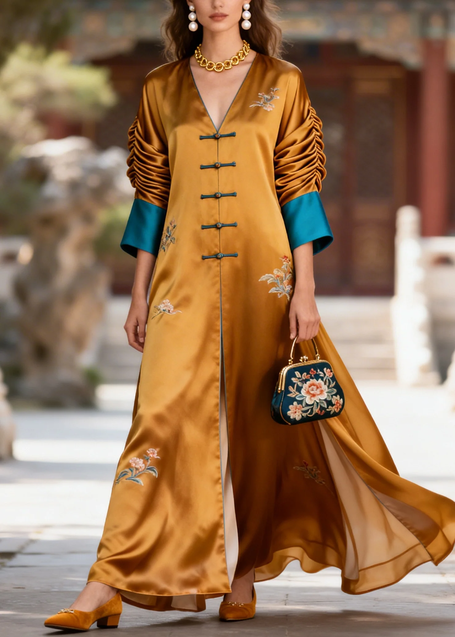 Vintage Brown Print Patchwork Chinese Button Silk Oriental Dress Fall - Image 5