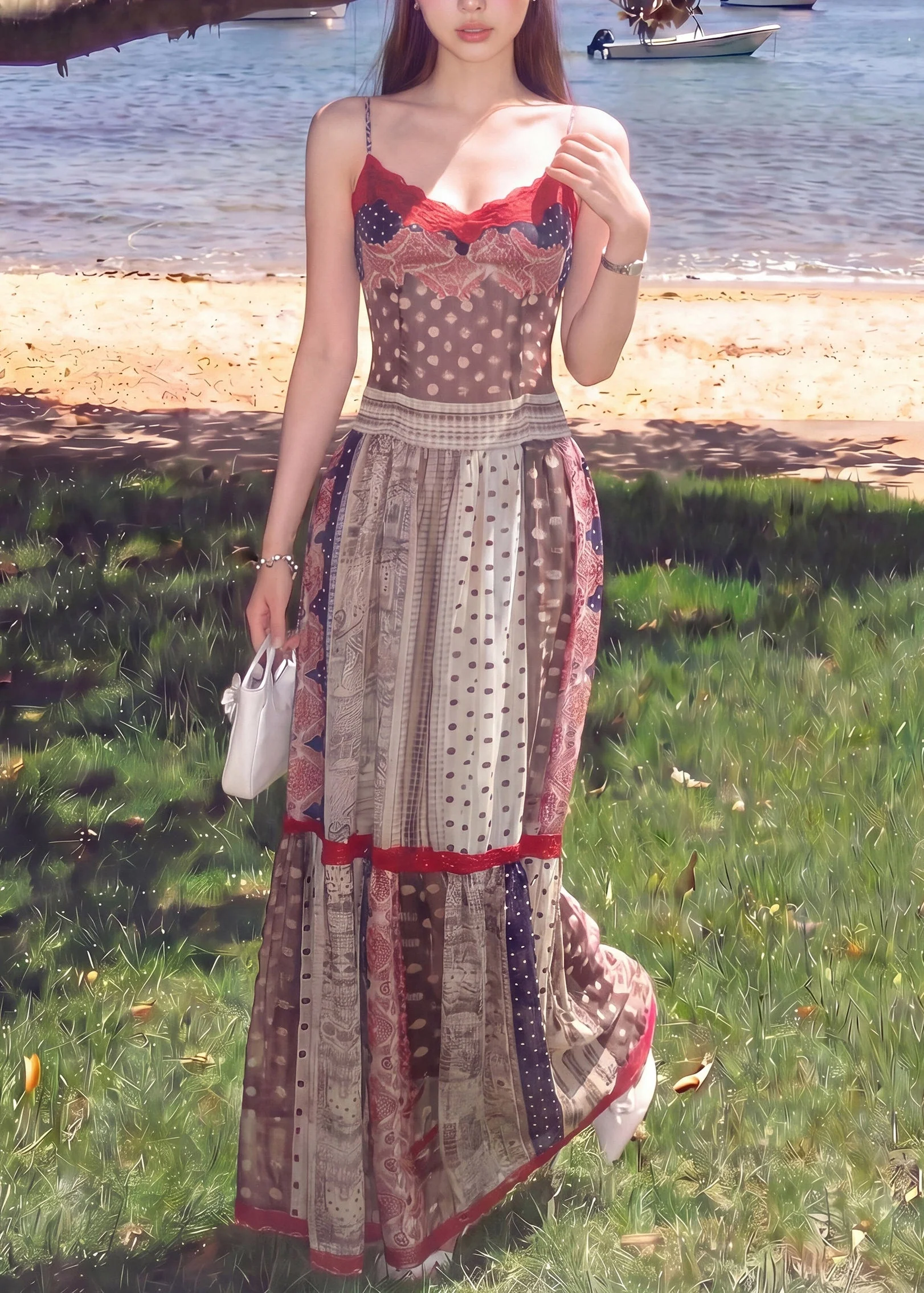 Vintage Brown Print Silm Fit Cotton Spaghetti Strap Dress Summer - Image 2