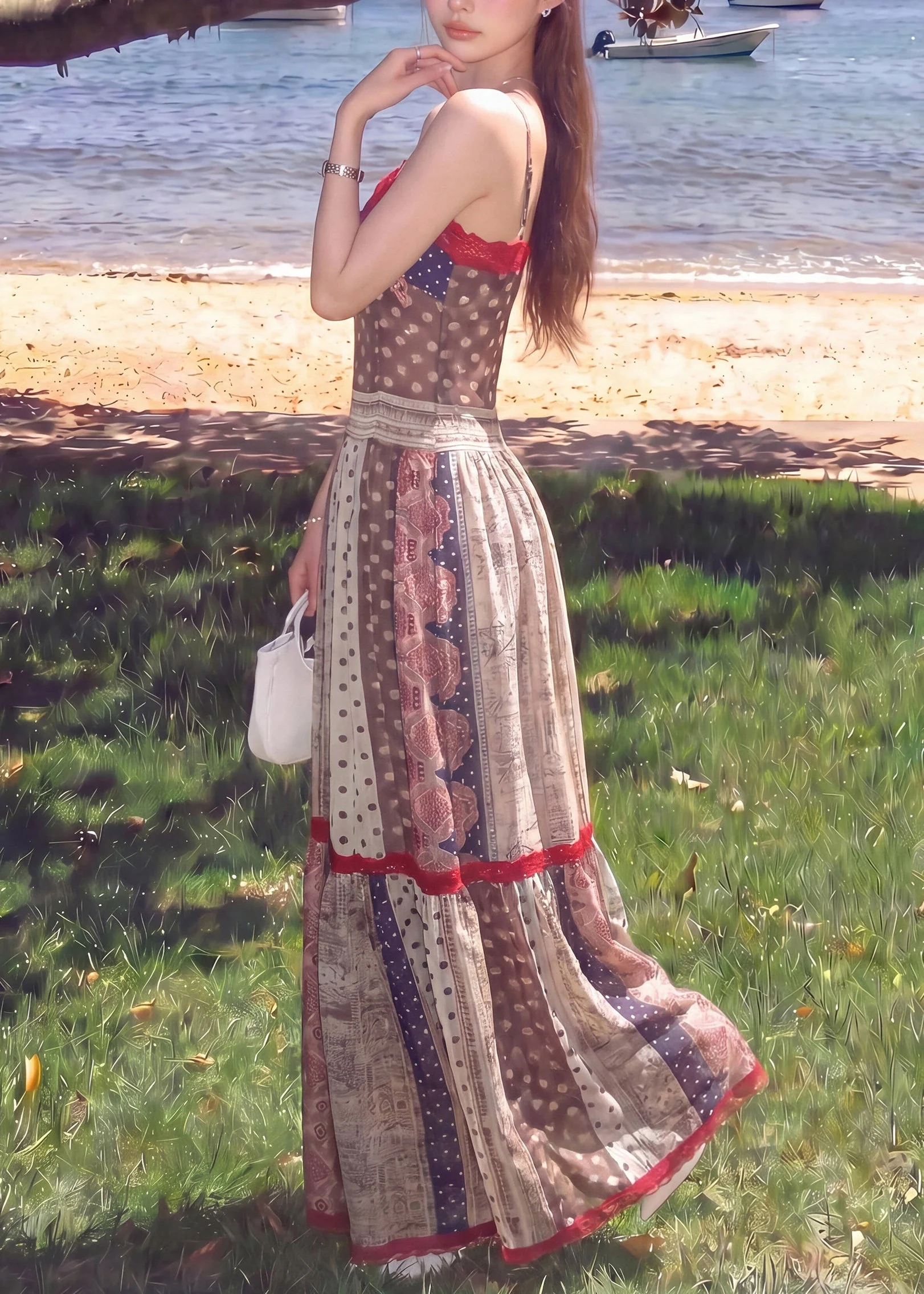 Vintage Brown Print Silm Fit Cotton Spaghetti Strap Dress Summer - Image 4