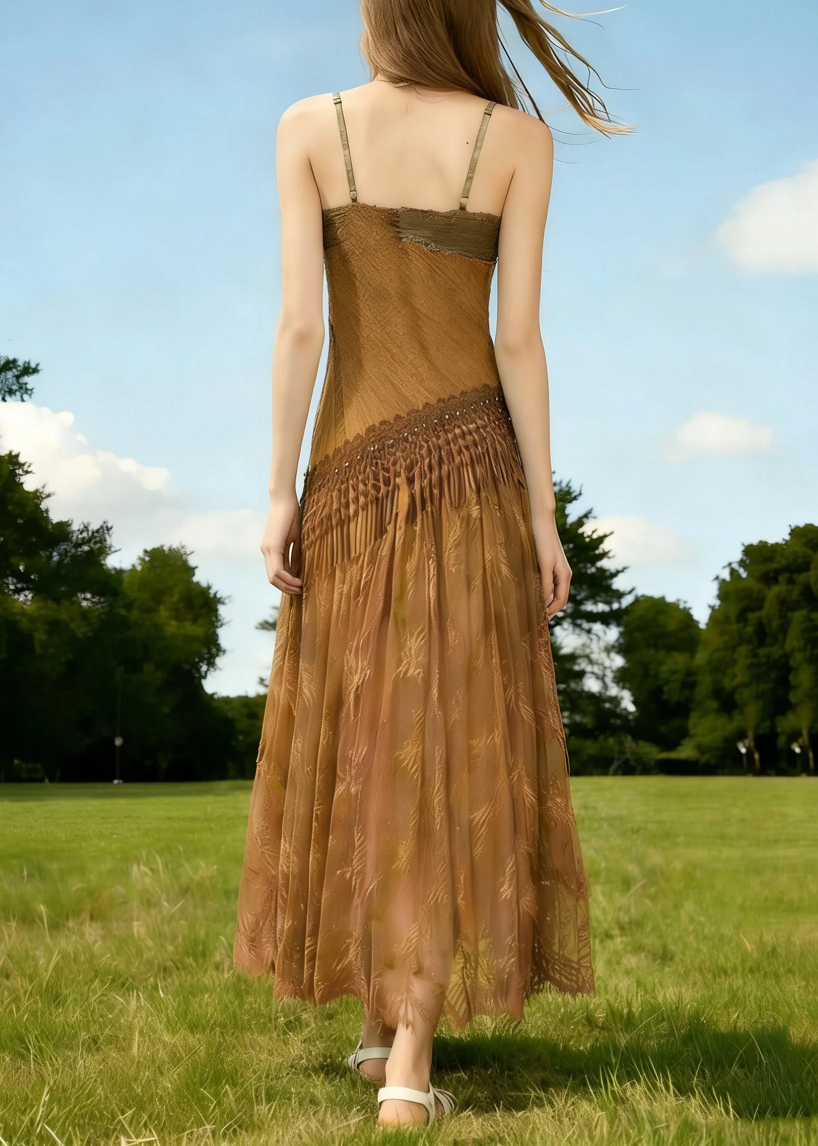 Vintage Brown Tasseled Wrinkled Patchwork Spaghetti Strap Dress Sleeveless - Image 2