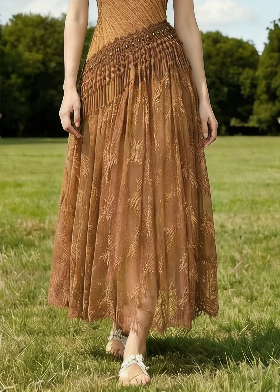 Vintage Brown Tasseled Wrinkled Patchwork Spaghetti Strap Dress Sleeveless - Image 5