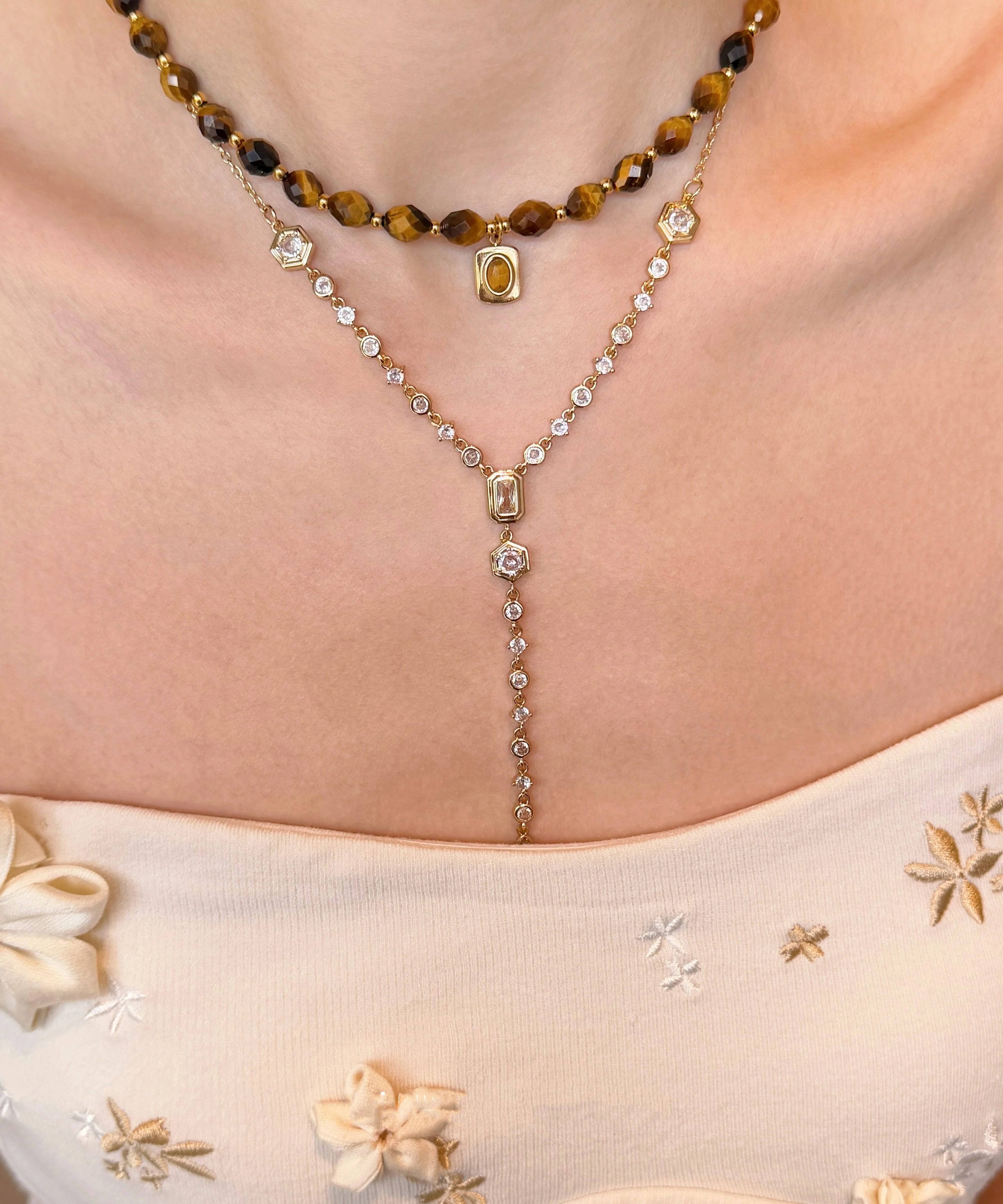 Vintage Brown Tiger's Eye Zircon Tassel Layering Titanium Steel Two Piece Set Necklace - Image 3