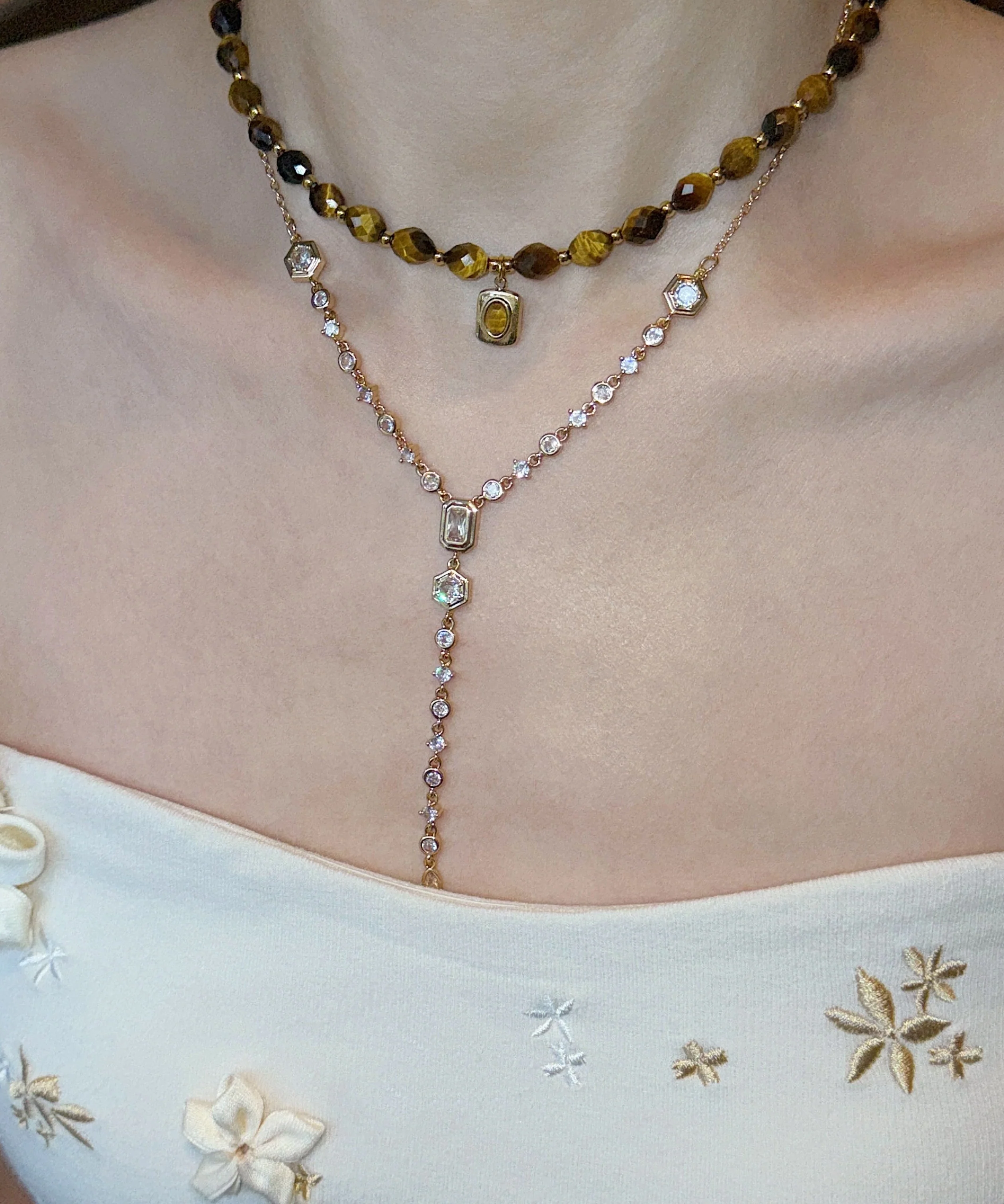 Vintage Brown Tiger's Eye Zircon Tassel Layering Titanium Steel Two Piece Set Necklace - Image 4