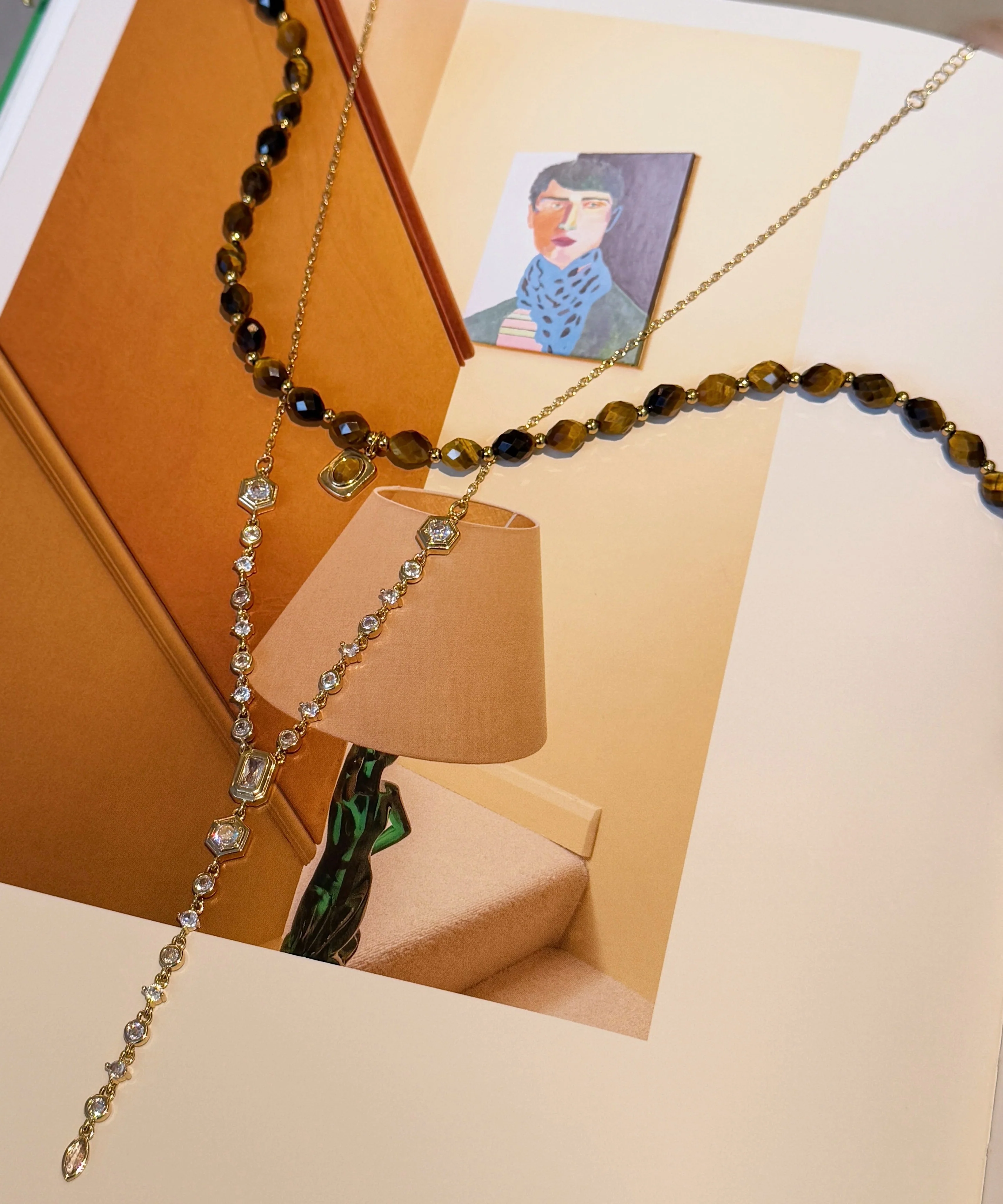 Vintage Brown Tiger's Eye Zircon Tassel Layering Titanium Steel Two Piece Set Necklace - Image 5