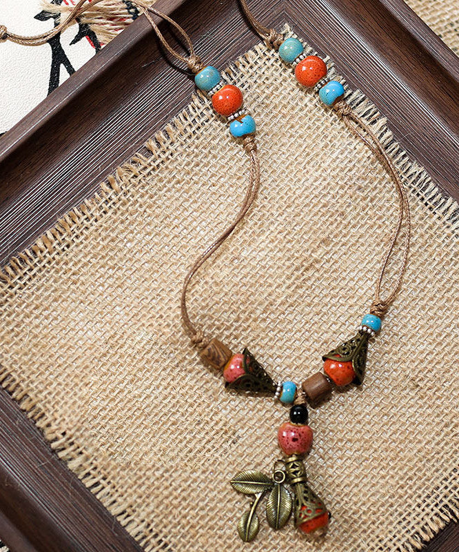 Vintage Brown Weave Ceramic Beading Pendant Necklace - Image 3
