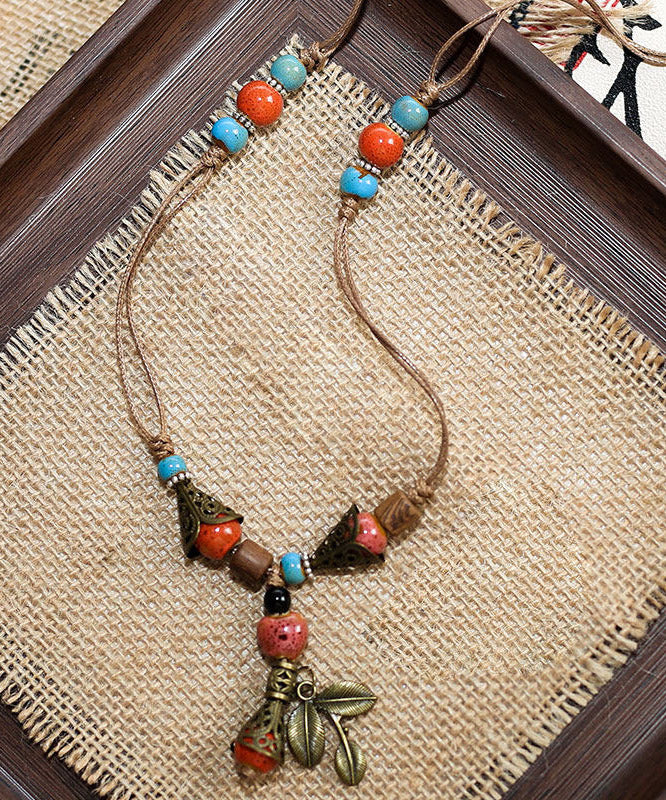 Vintage Brown Weave Ceramic Beading Pendant Necklace - Image 4