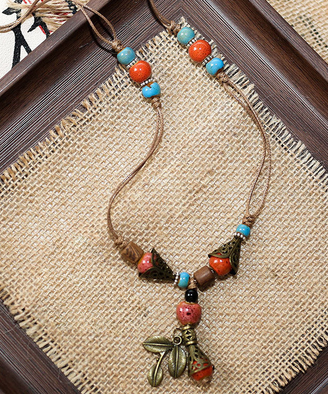 Vintage Brown Weave Ceramic Beading Pendant Necklace - Image 5