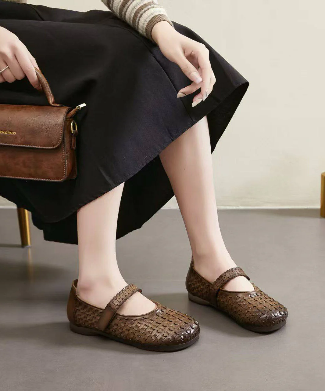 Vintage Buckle Strap Flat Shoes Brown Faux Leather - Image 4